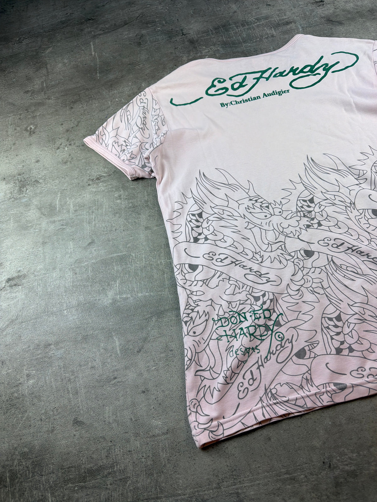 Ed Hardy by Christian Audigier Y2K Rhinestone Dragon Baby Tee - Light Pink / Green - Past Pieces