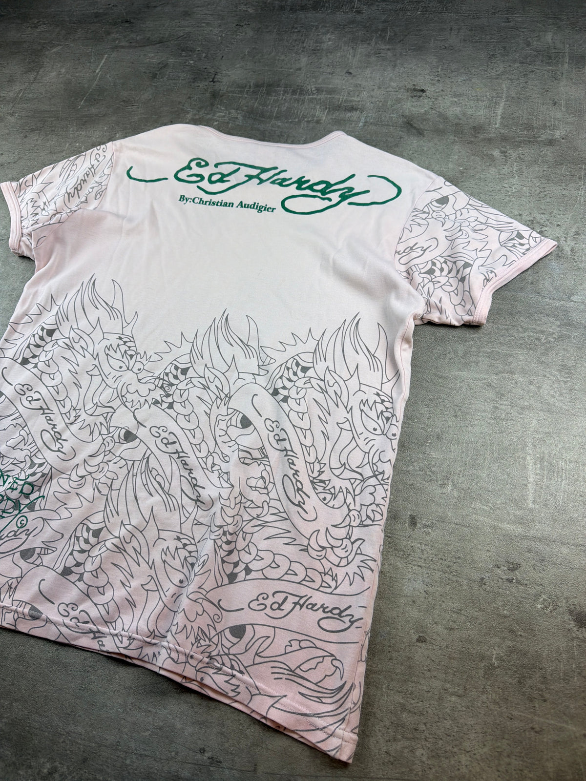 Ed Hardy by Christian Audigier Y2K Rhinestone Dragon Baby Tee - Light Pink / Green - Past Pieces