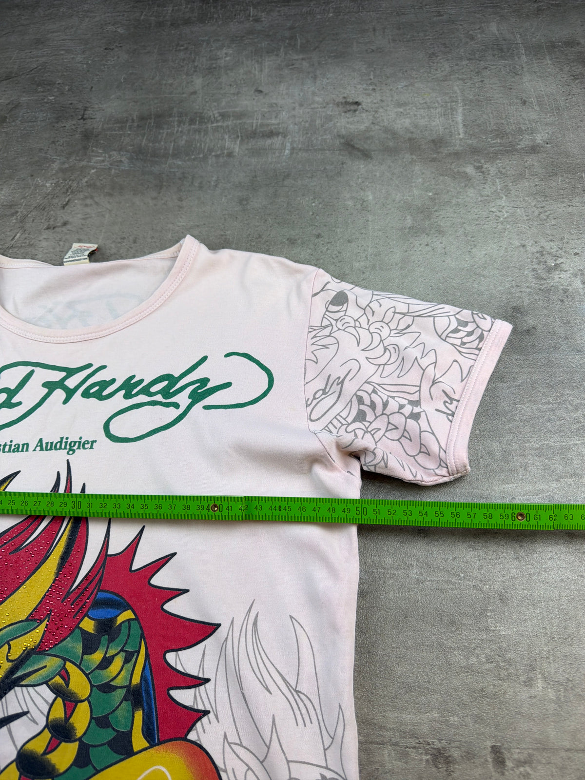 Ed Hardy by Christian Audigier Y2K Rhinestone Dragon Baby Tee - Light Pink / Green - Past Pieces