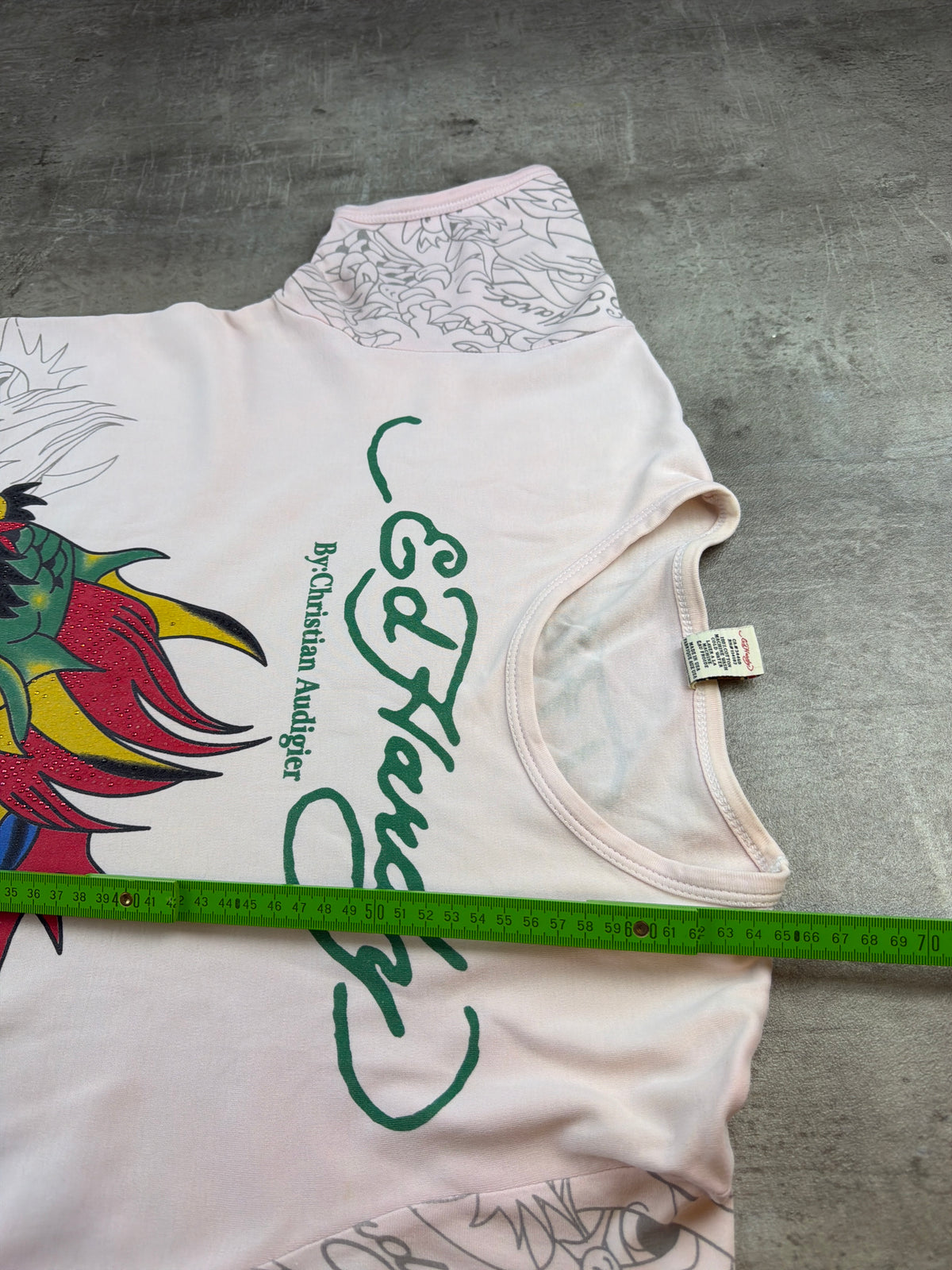 Ed Hardy by Christian Audigier Y2K Rhinestone Dragon Baby Tee - Light Pink / Green - Past Pieces