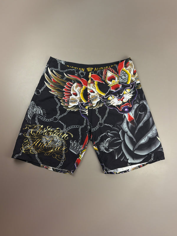 Christian Audigier Archive "Rhinestone Panther & Skulls" Shorts - Black Multicolor Y2K