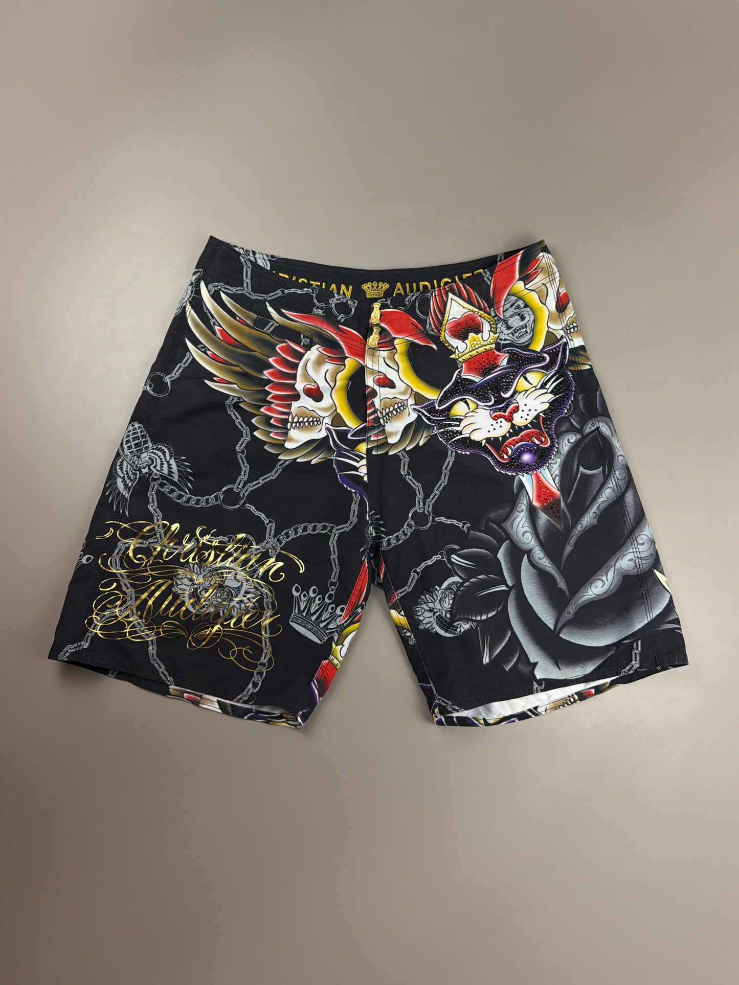 Christian Audigier Archive "Rhinestone Panther & Skulls" Shorts - Black Multicolor Y2K