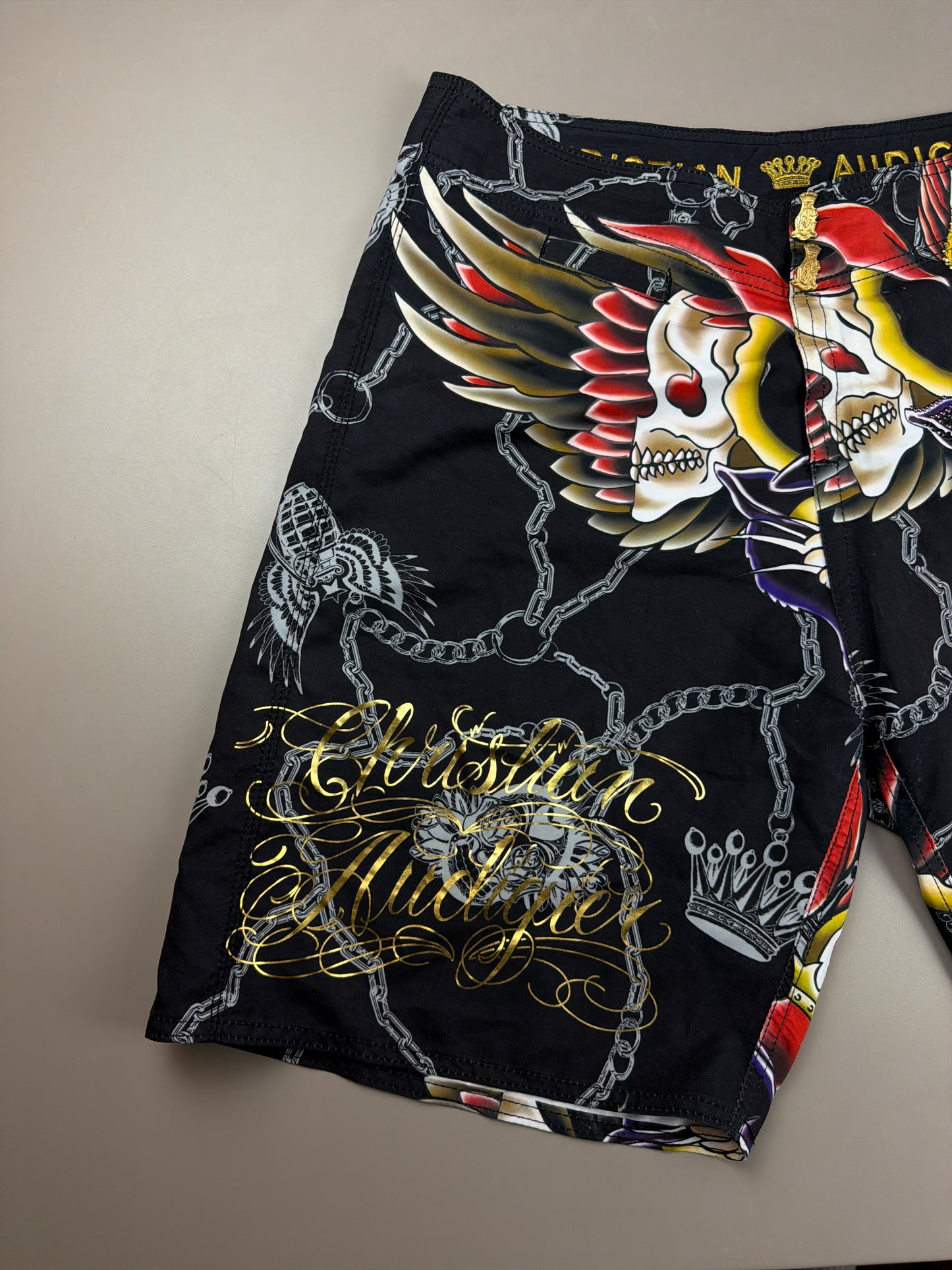 Christian Audigier Archive "Rhinestone Panther & Skulls" Shorts - Black Multicolor Y2K