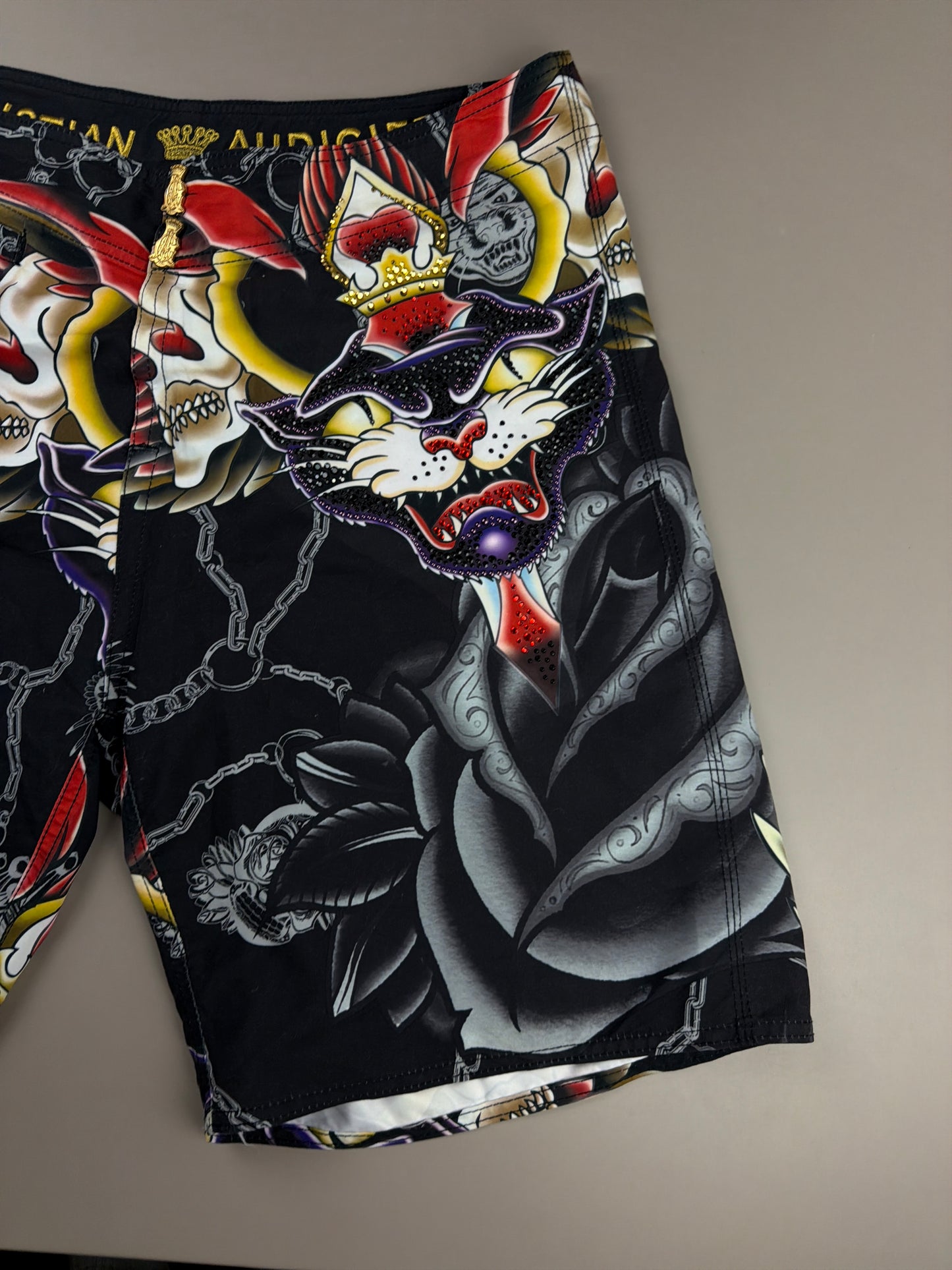 Christian Audigier Archive "Rhinestone Panther & Skulls" Shorts - Black Multicolor Y2K