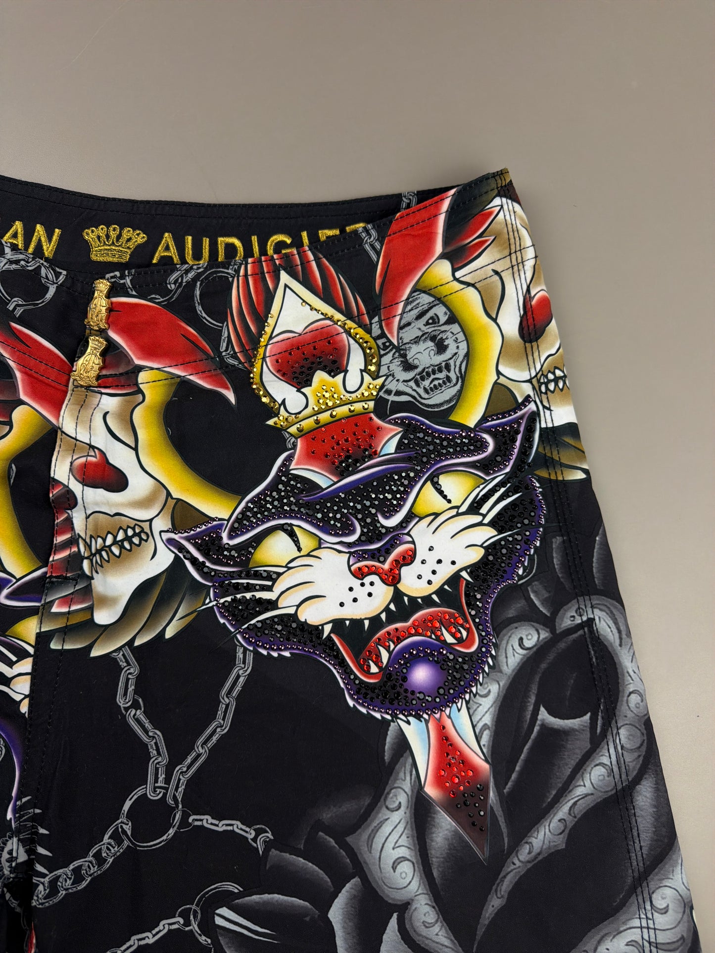 Christian Audigier Archive "Rhinestone Panther & Skulls" Shorts - Black Multicolor Y2K
