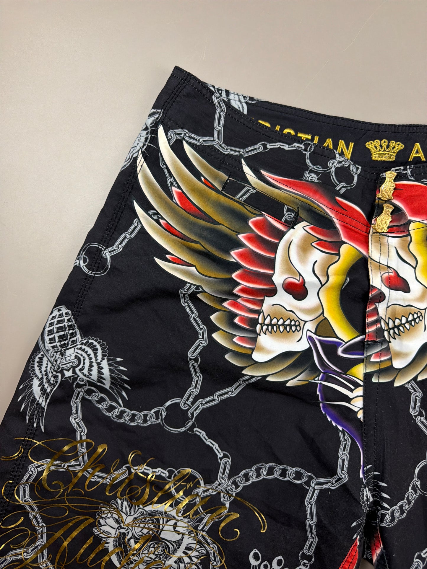 Christian Audigier Archive "Rhinestone Panther & Skulls" Shorts - Black Multicolor Y2K
