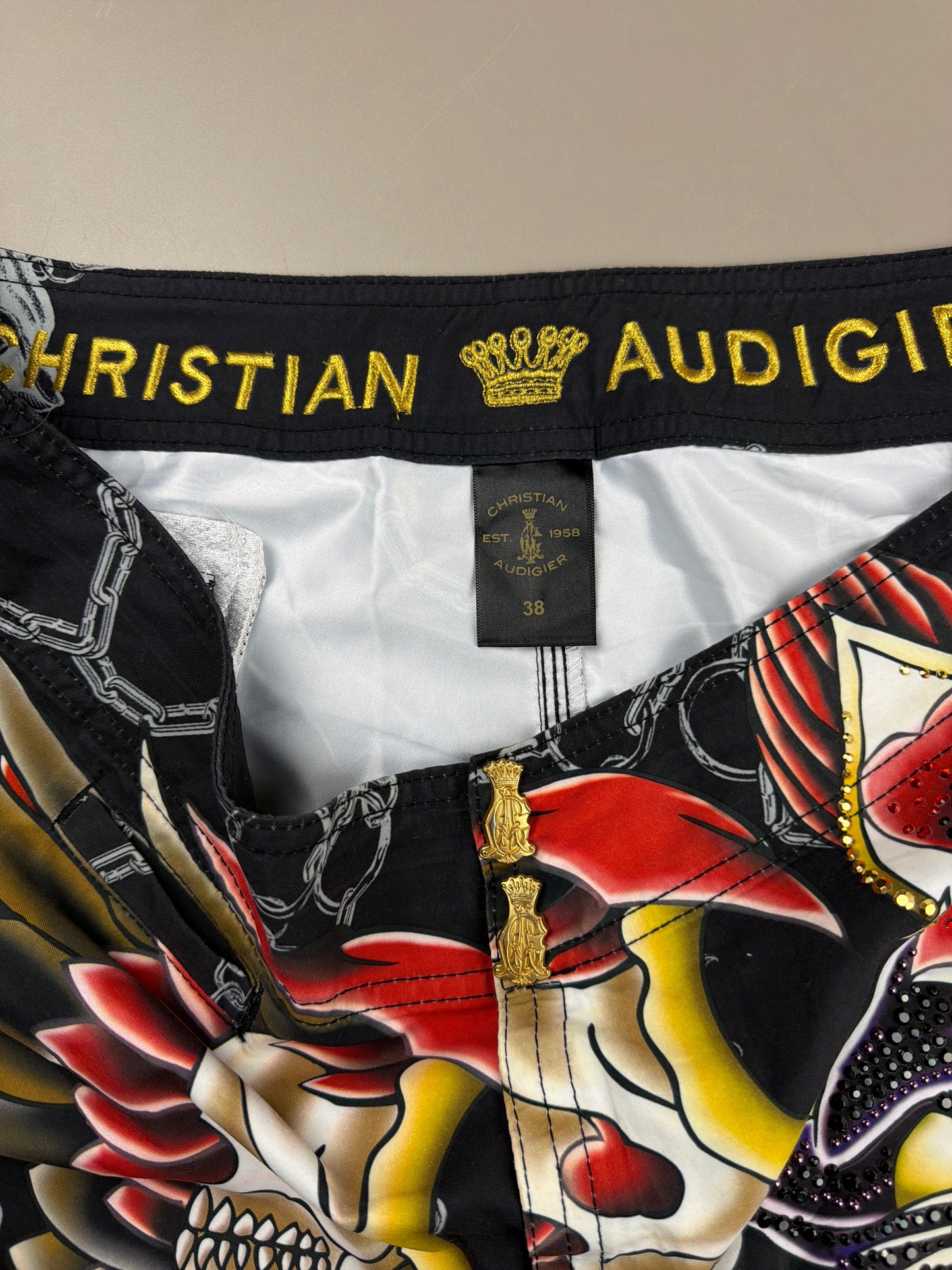 Christian Audigier Archive "Rhinestone Panther & Skulls" Shorts - Black Multicolor Y2K