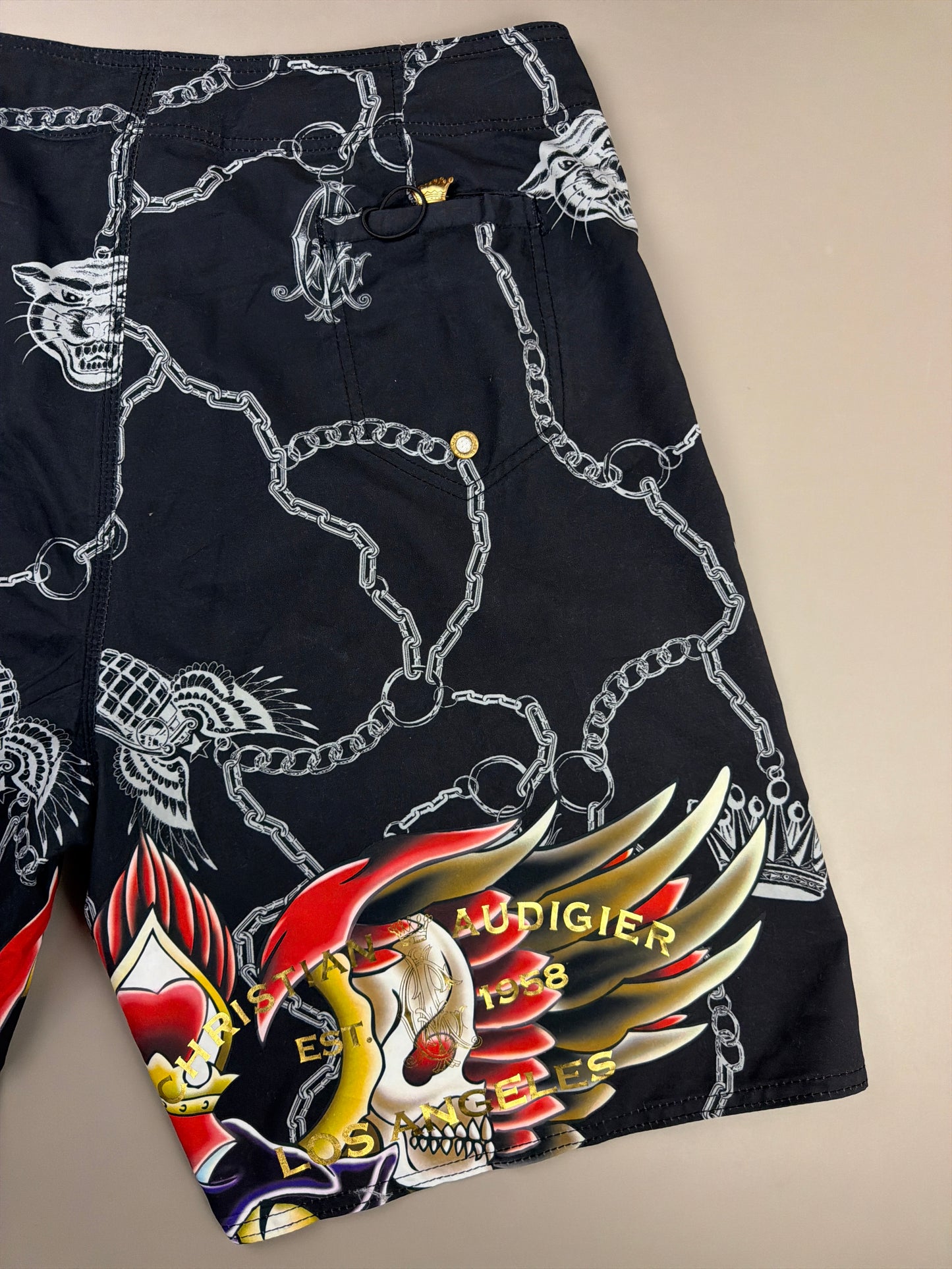 Christian Audigier Archive "Rhinestone Panther & Skulls" Shorts - Black Multicolor Y2K