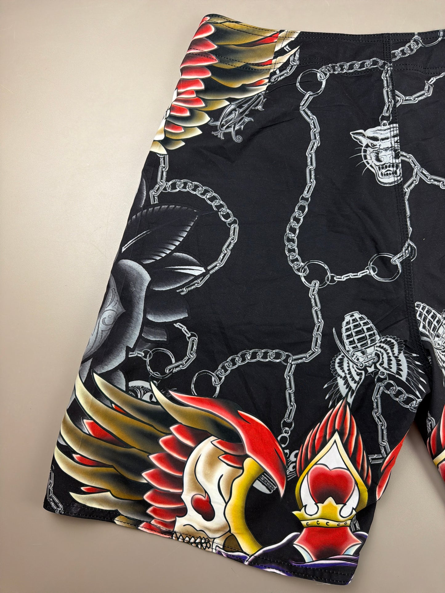 Christian Audigier Archive "Rhinestone Panther & Skulls" Shorts - Black Multicolor Y2K
