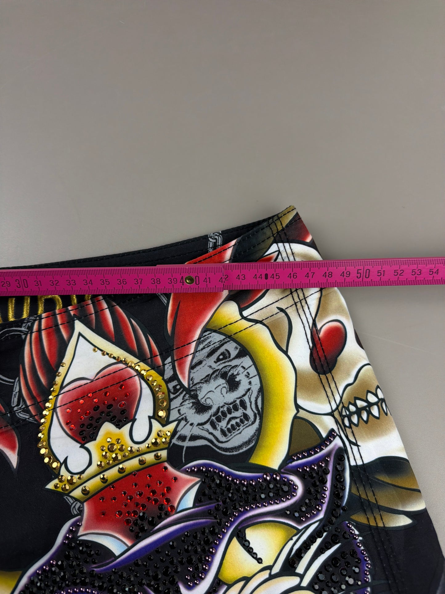 Christian Audigier Archive "Rhinestone Panther & Skulls" Shorts - Black Multicolor Y2K