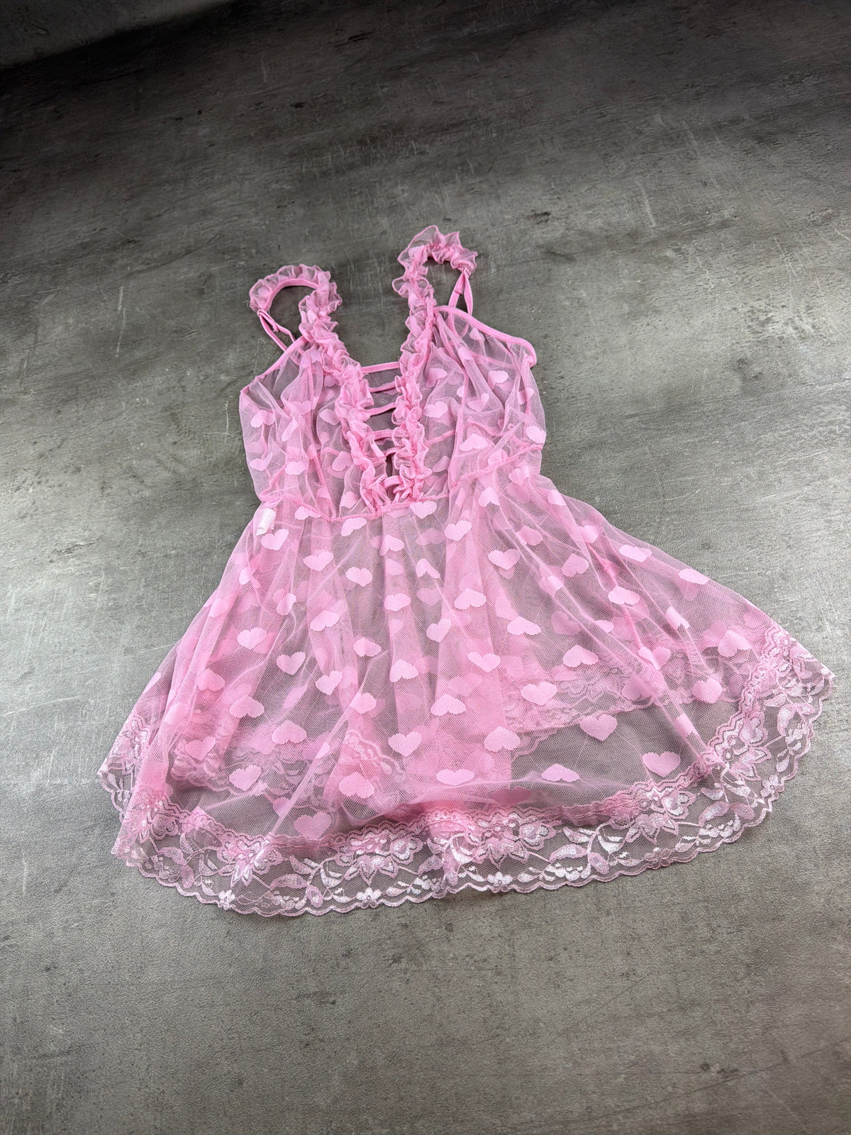 Y2K Coquette Heart Mesh Lace Babydoll Mini Dress - Baby Pink - Past Pieces
