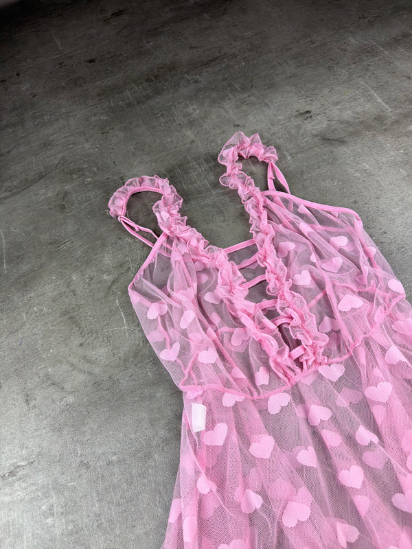Y2K Coquette Heart Mesh Lace Babydoll Mini Dress - Baby Pink