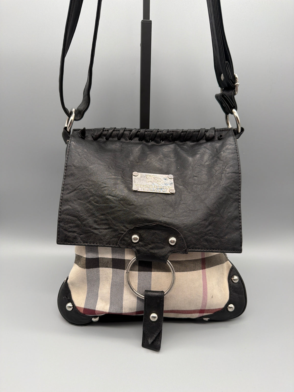 Burberry Y2K Nova Check Studded Crossbody Bag - Beige / Black - Past Pieces