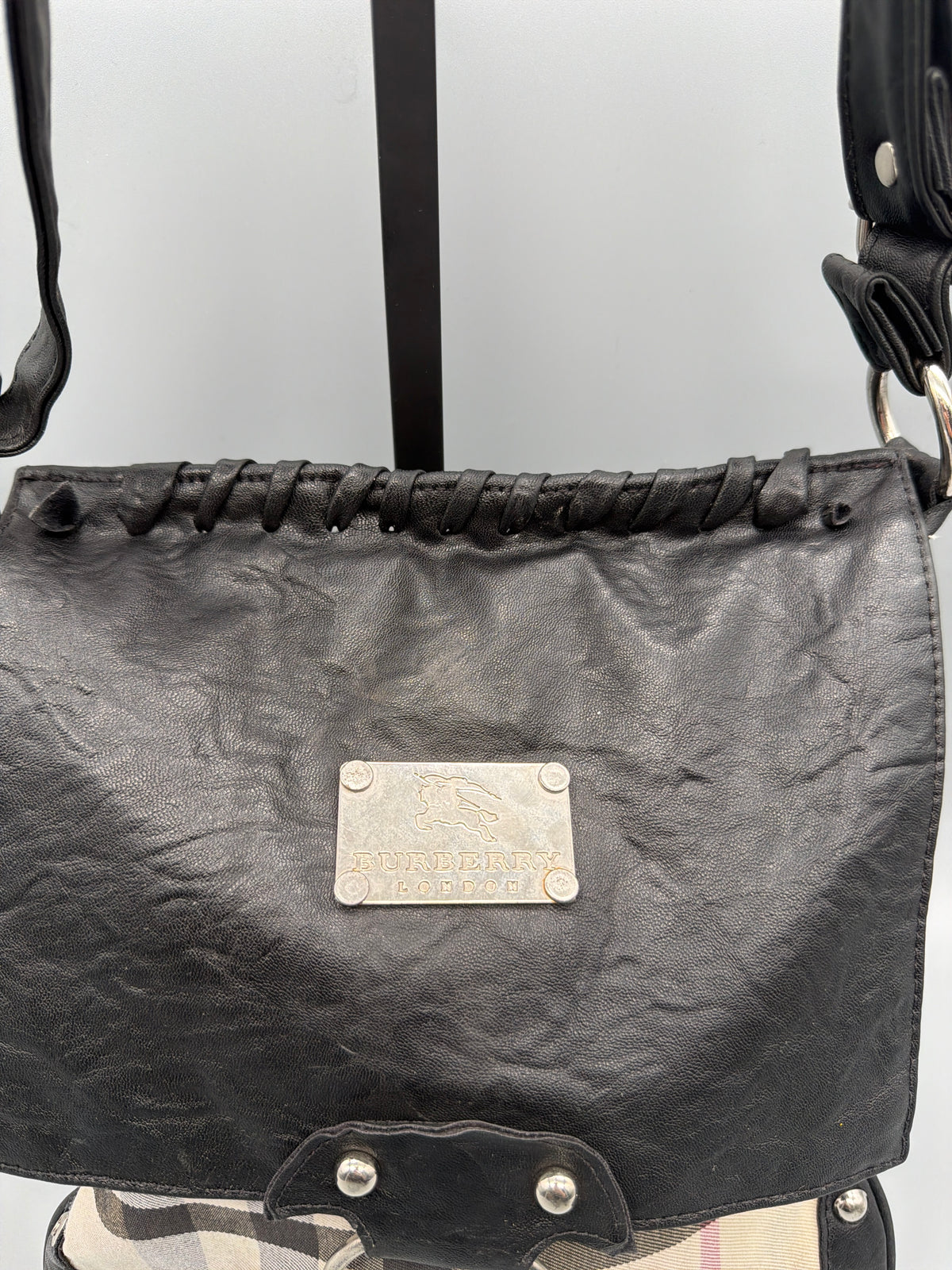 Burberry Y2K Nova Check Studded Crossbody Bag - Beige / Black - Past Pieces