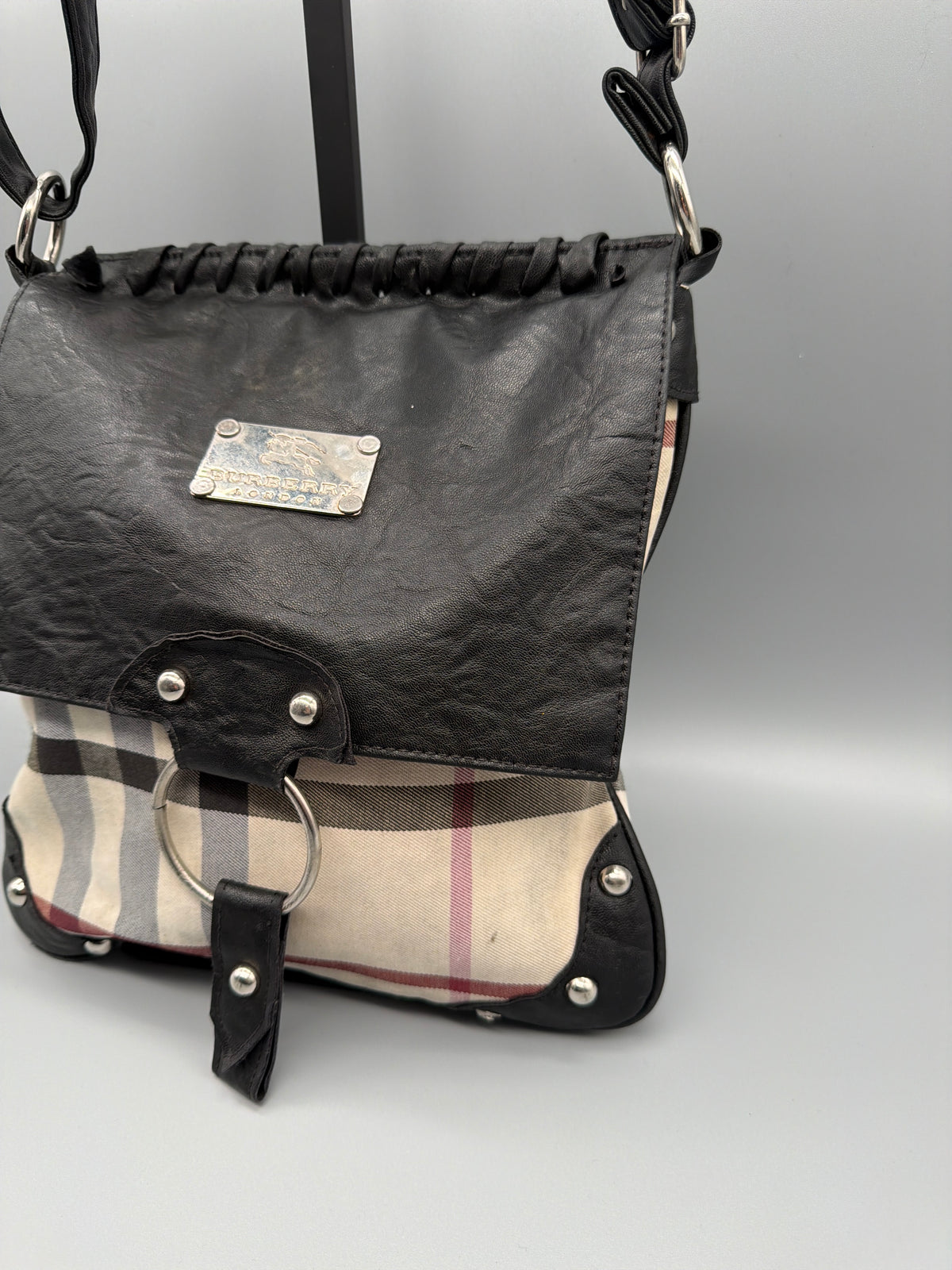 Burberry Y2K Nova Check Studded Crossbody Bag - Beige / Black - Past Pieces