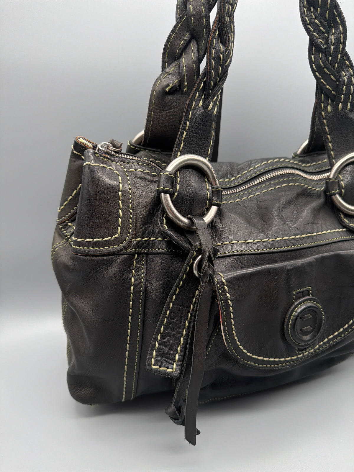 Fossil Vintage Braided Strap Leather Shoulder Bag - Dark Brown - Past Pieces