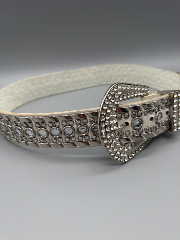 Vintage Y2K Rhinestone Western Croc Embossed Belt - White / Silver
