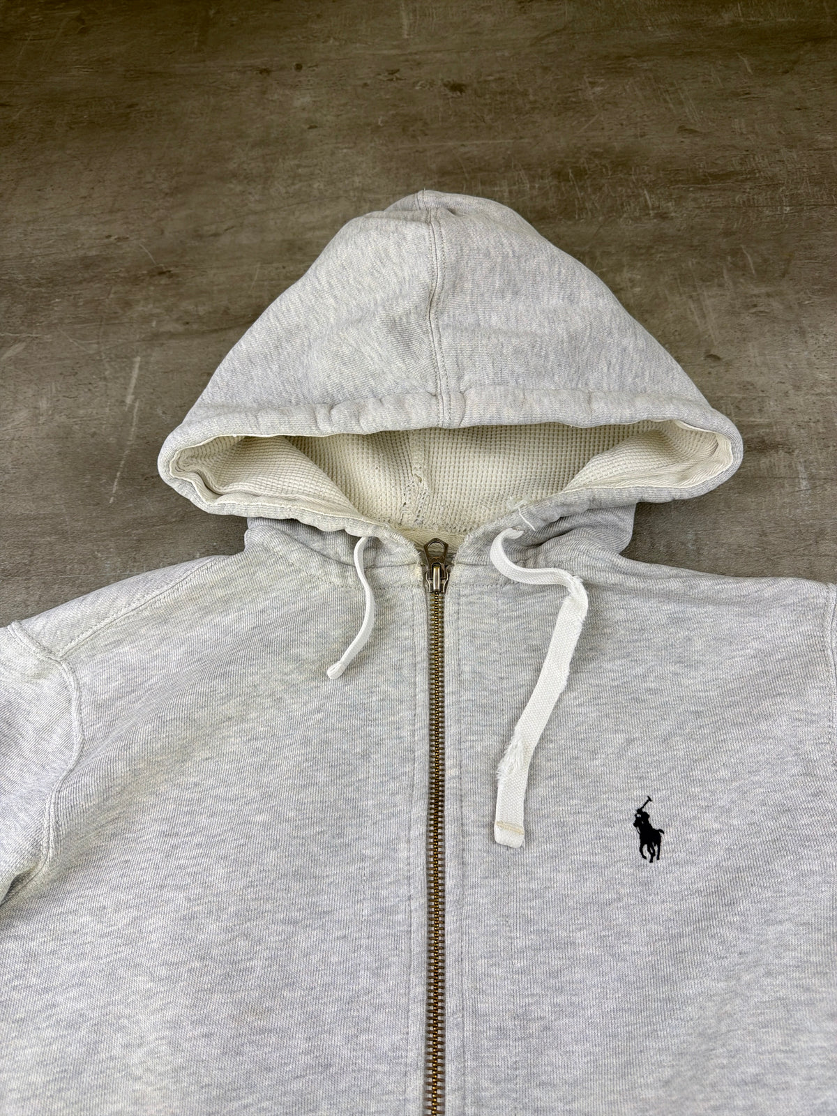 Polo Ralph Lauren Distressed Waffle Lined Zip Hoodie - Heather Grey - Past Pieces