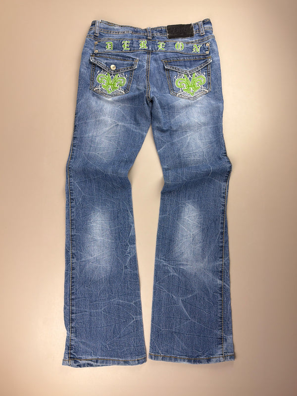 Dereon Vintage "Fleur-de-Lis" Flared Denim - Acid Wash Neon Green Embroidery