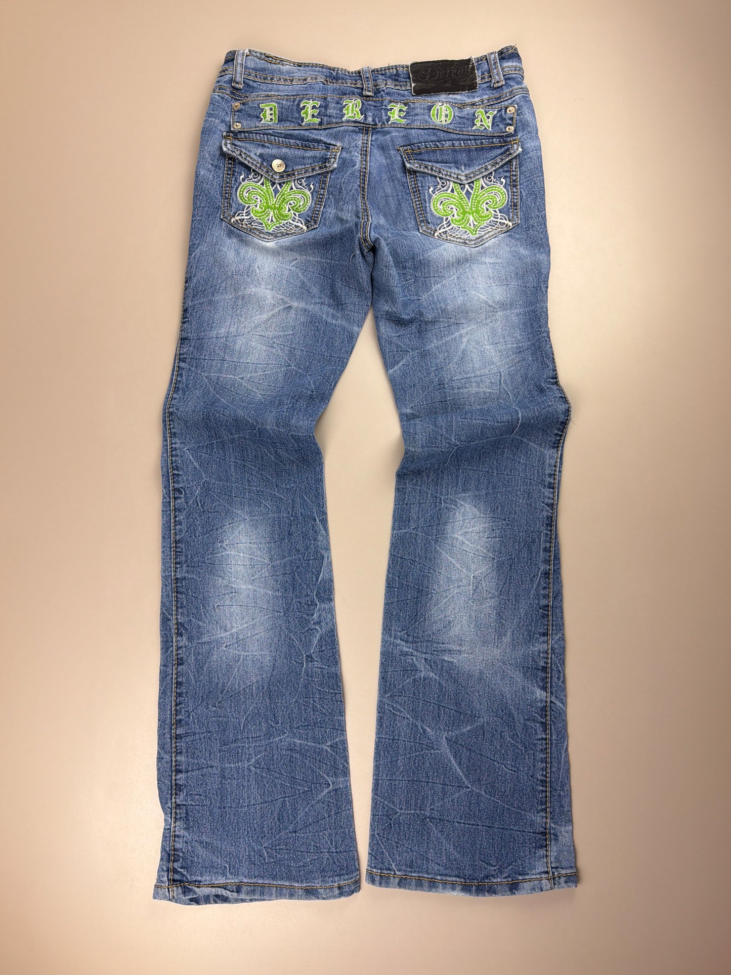 Dereon Vintage "Fleur-de-Lis" Flared Denim - Acid Wash Neon Green Embroidery