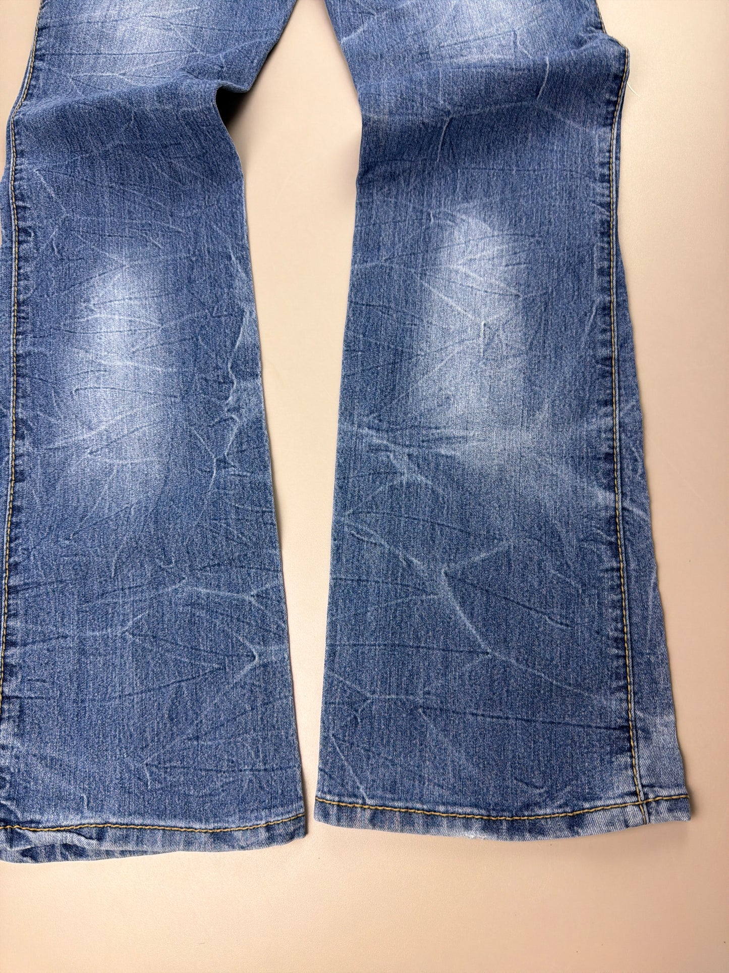 Dereon Vintage "Fleur-de-Lis" Flared Denim - Acid Wash Neon Green Embroidery