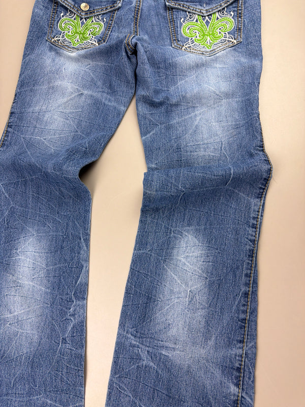 Dereon Vintage "Fleur-de-Lis" Flared Denim - Acid Wash Neon Green Embroidery