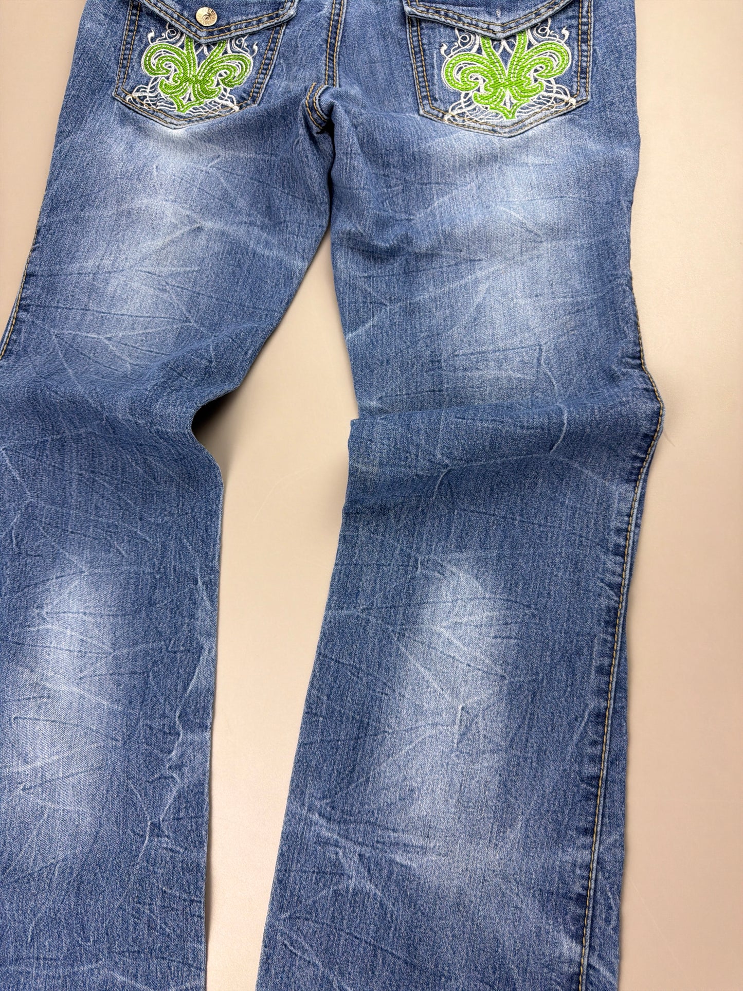 Dereon Vintage "Fleur-de-Lis" Flared Denim - Acid Wash Neon Green Embroidery