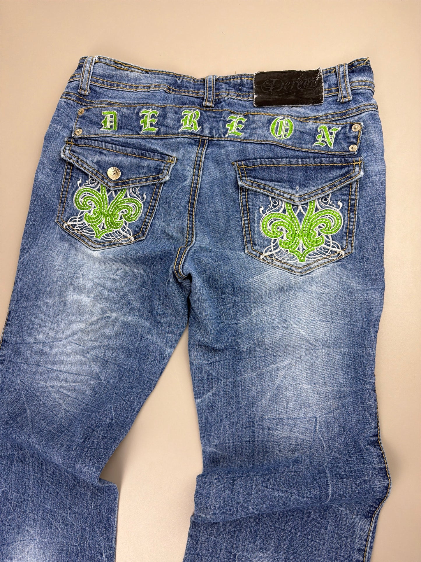 Dereon Vintage "Fleur-de-Lis" Flared Denim - Acid Wash Neon Green Embroidery