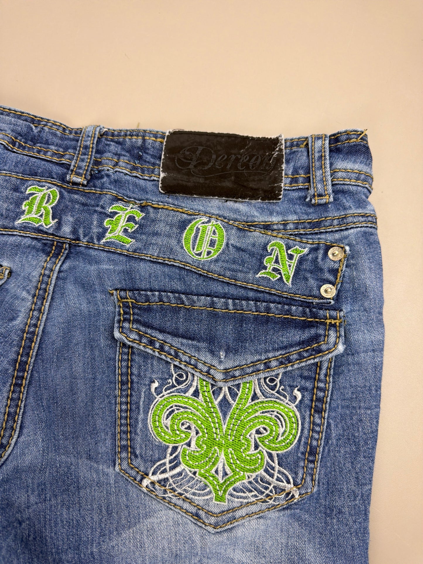 Dereon Vintage "Fleur-de-Lis" Flared Denim - Acid Wash Neon Green Embroidery