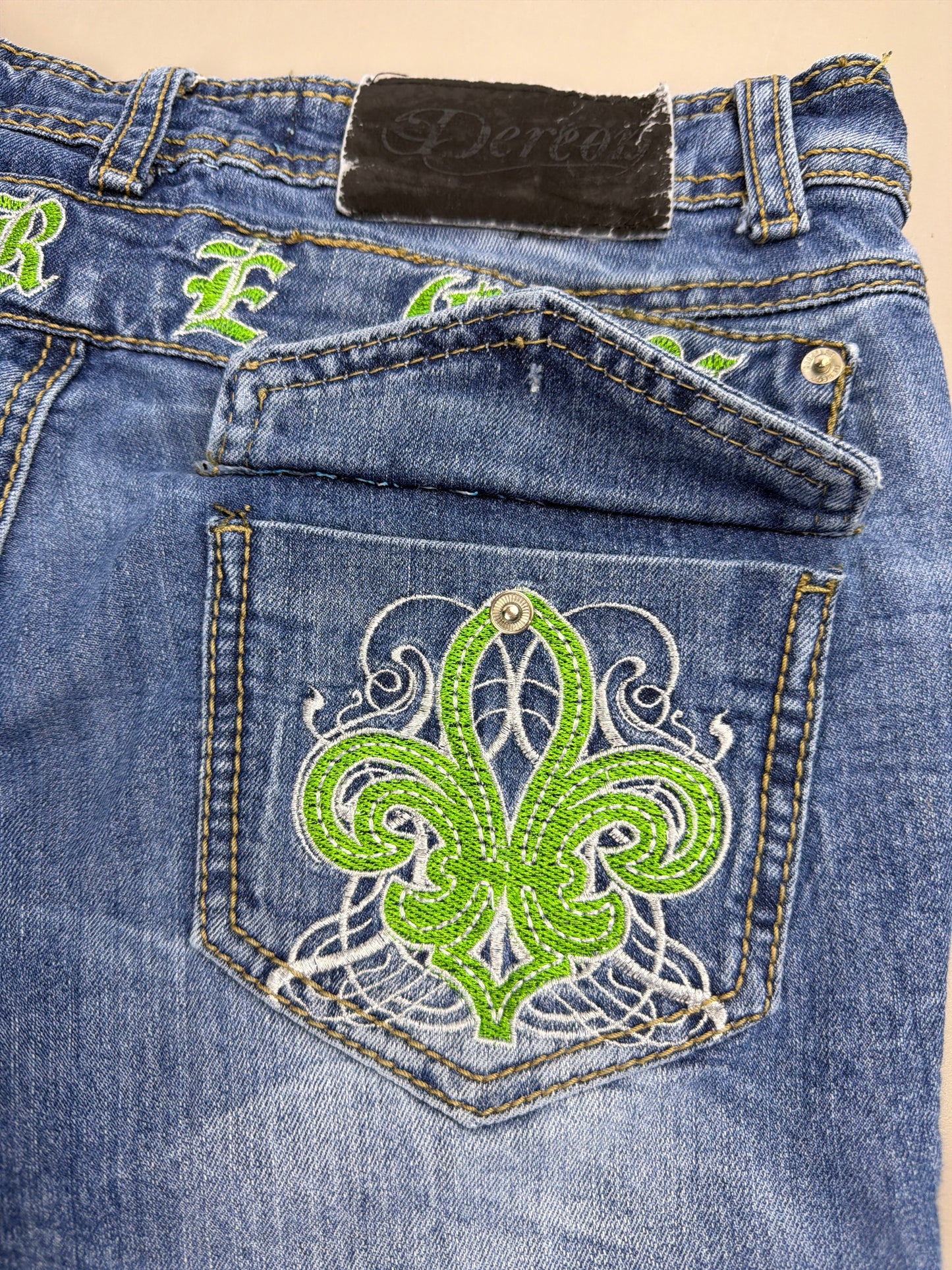 Dereon Vintage "Fleur-de-Lis" Flared Denim - Acid Wash Neon Green Embroidery