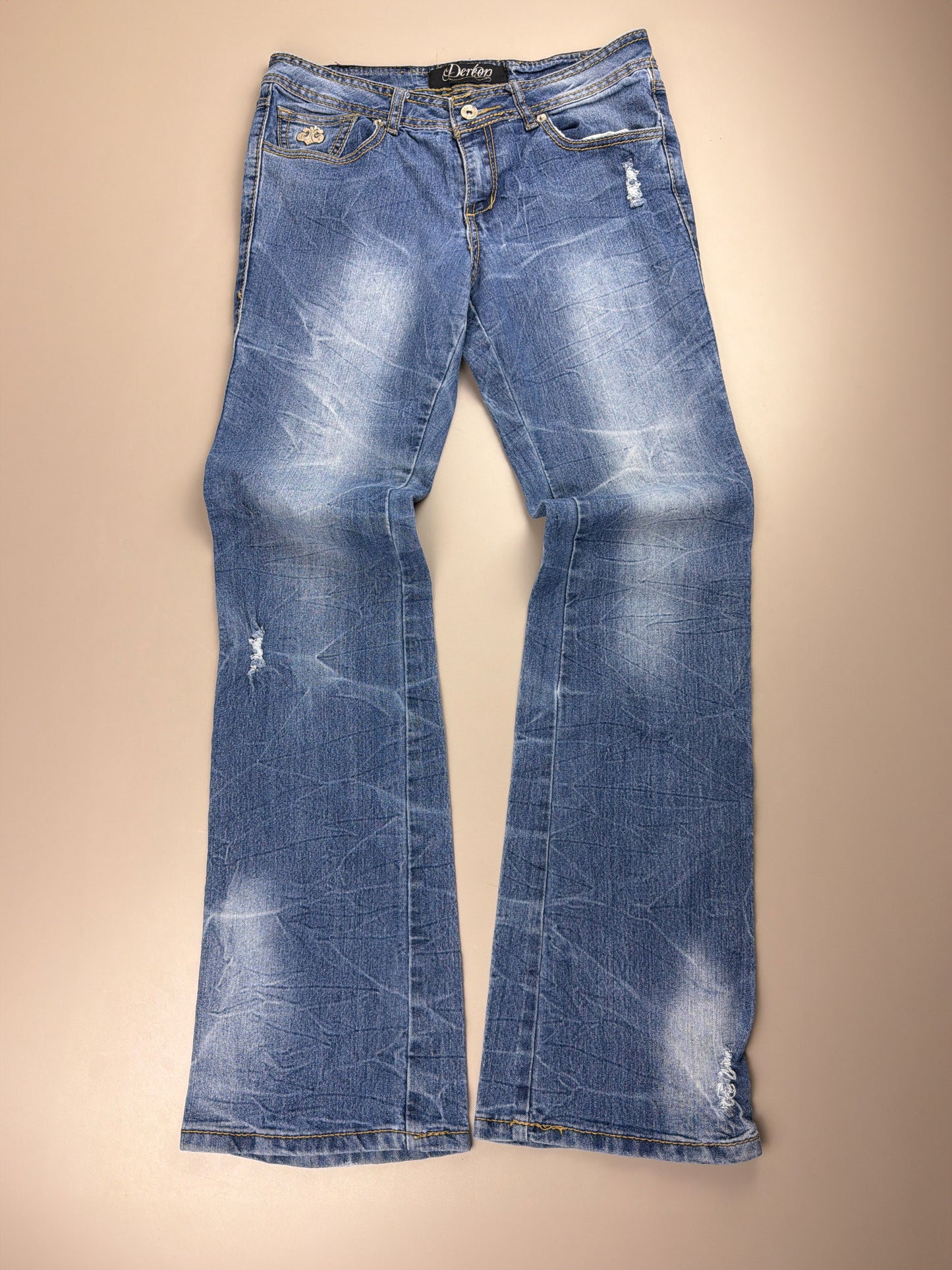 Dereon Vintage "Fleur-de-Lis" Flared Denim - Acid Wash Neon Green Embroidery