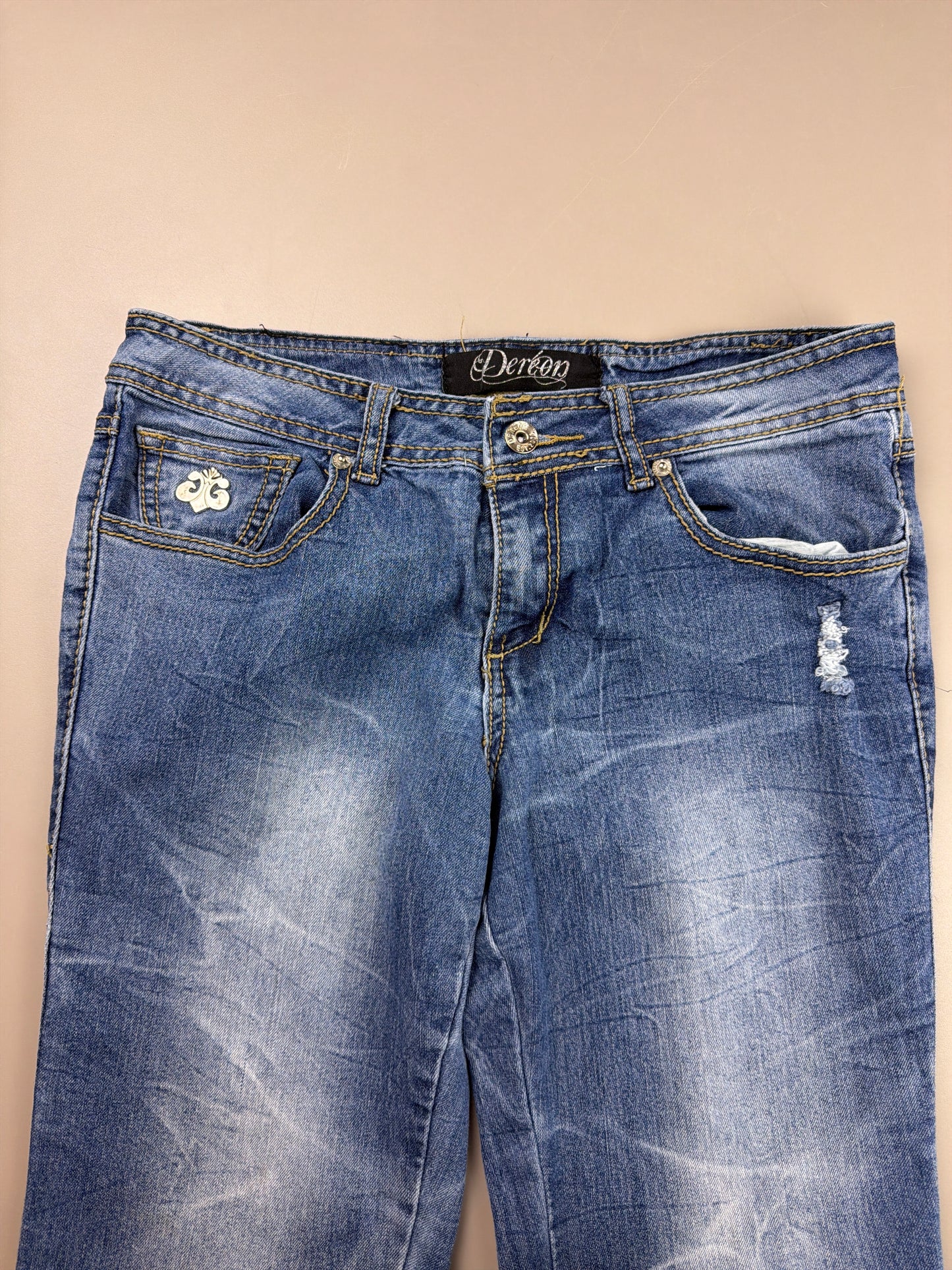 Dereon Vintage "Fleur-de-Lis" Flared Denim - Acid Wash Neon Green Embroidery