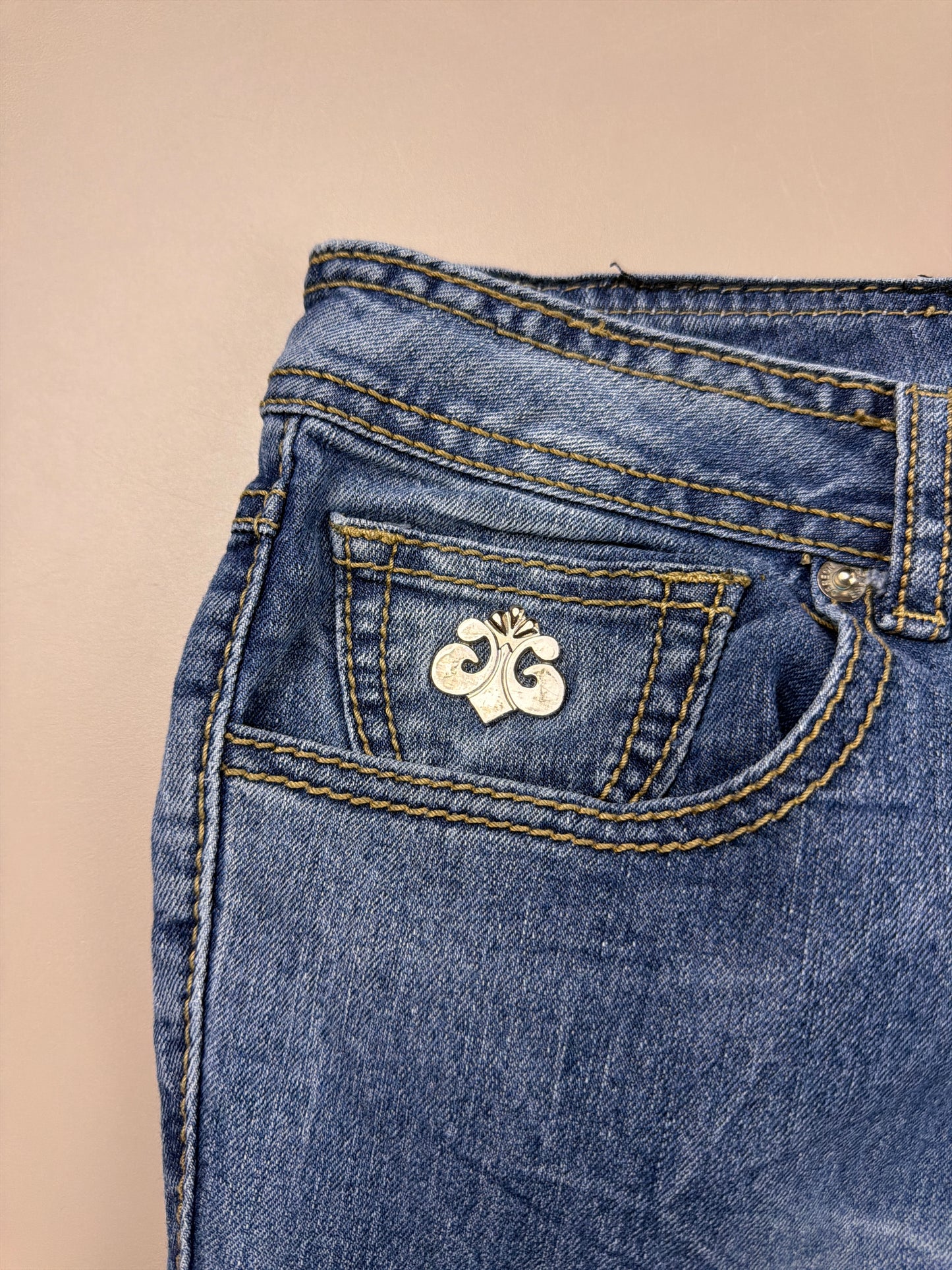 Dereon Vintage "Fleur-de-Lis" Flared Denim - Acid Wash Neon Green Embroidery