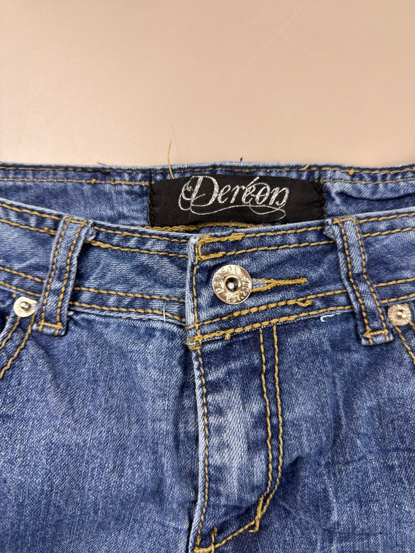 Dereon Vintage "Fleur-de-Lis" Flared Denim - Acid Wash Neon Green Embroidery