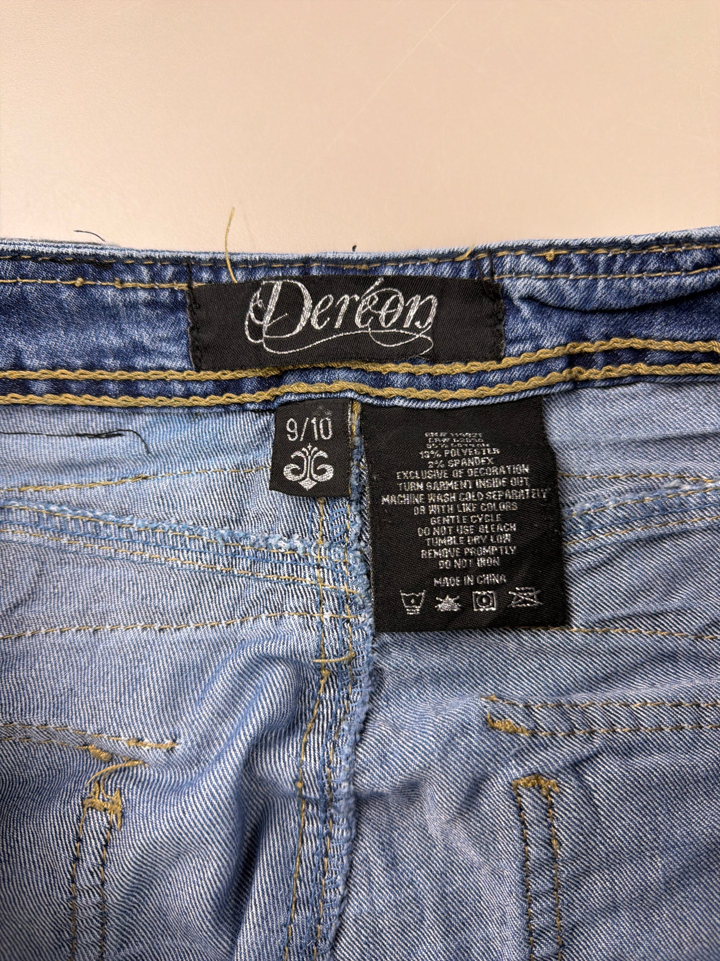 Dereon Vintage "Fleur-de-Lis" Flared Denim - Acid Wash Neon Green Embroidery