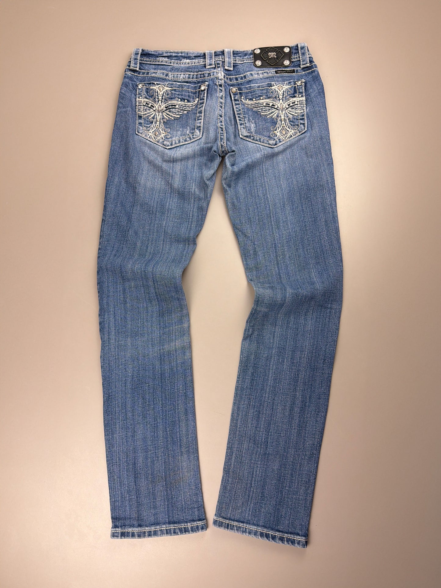 Miss Me Y2K Archive "Cross Wings" Denim Jeans - Rhinestone / Distressed Blue
