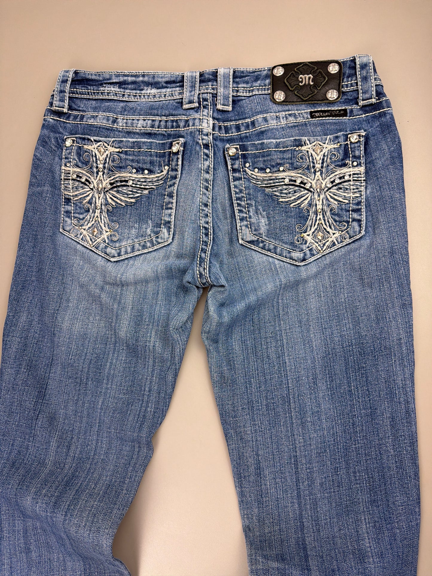 Miss Me Y2K Archive "Cross Wings" Denim Jeans - Rhinestone / Distressed Blue