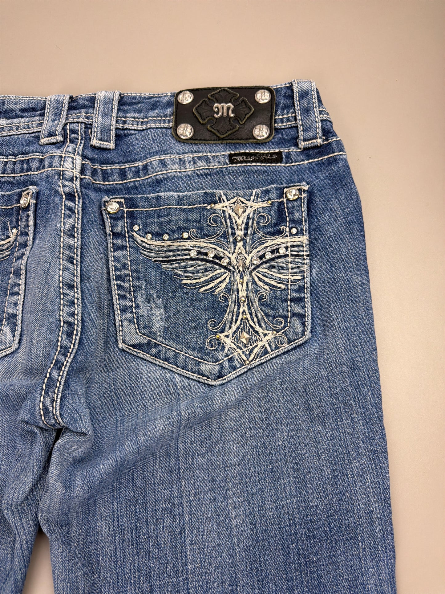 Miss Me Y2K Archive "Cross Wings" Denim Jeans - Rhinestone / Distressed Blue