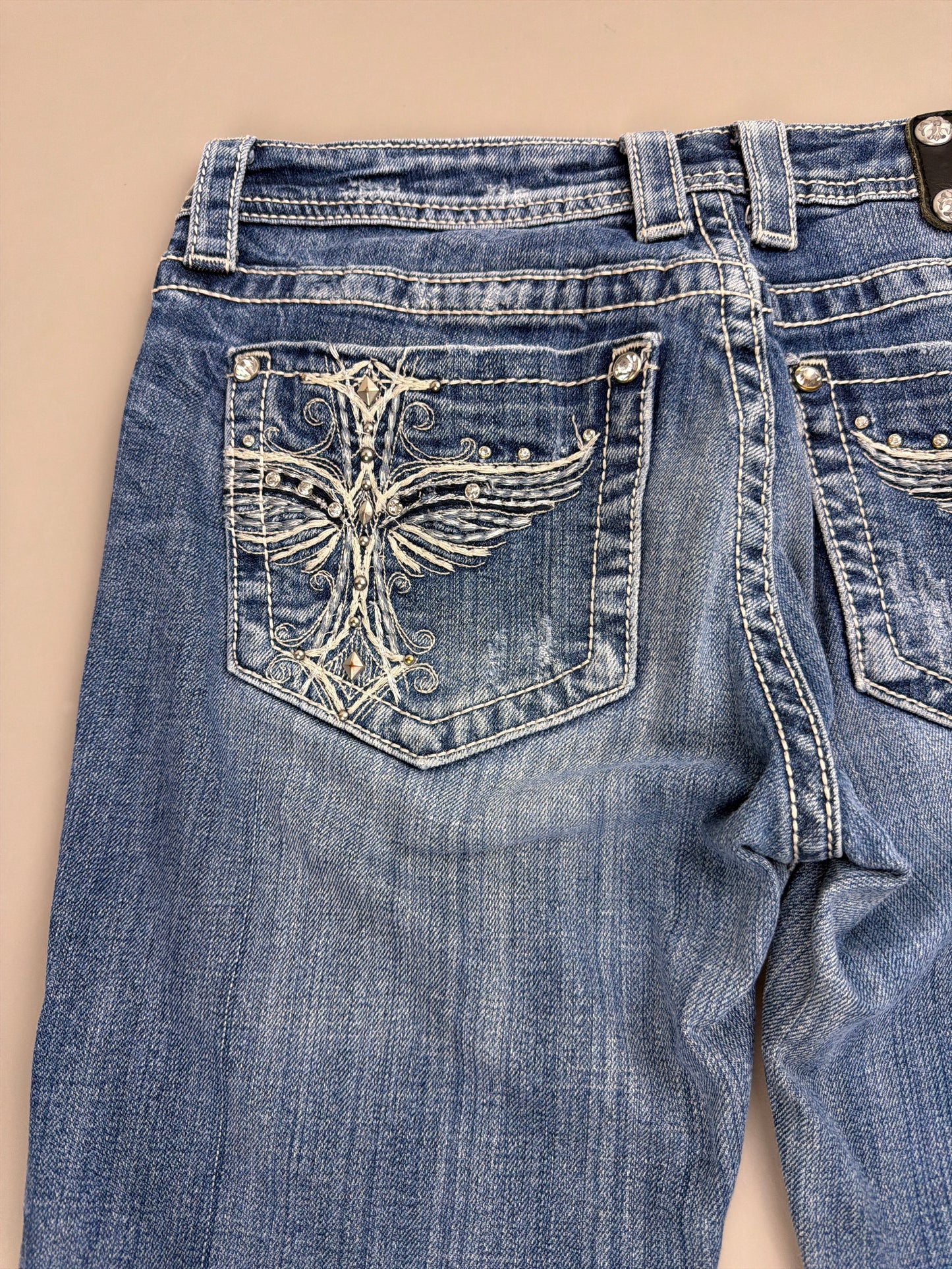 Miss Me Y2K Archive "Cross Wings" Denim Jeans - Rhinestone / Distressed Blue