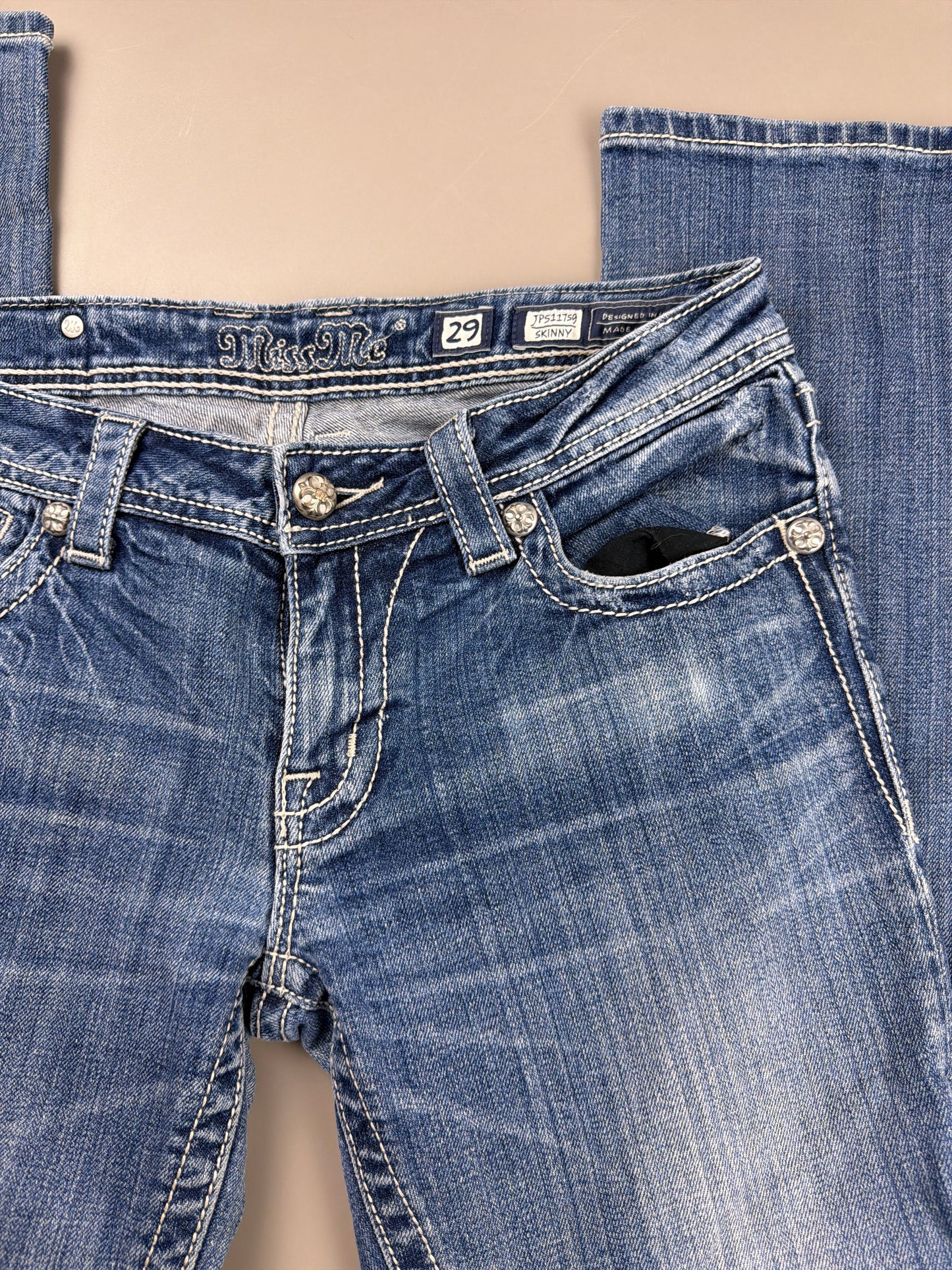 Miss Me Y2K Archive "Cross Wings" Denim Jeans - Rhinestone / Distressed Blue
