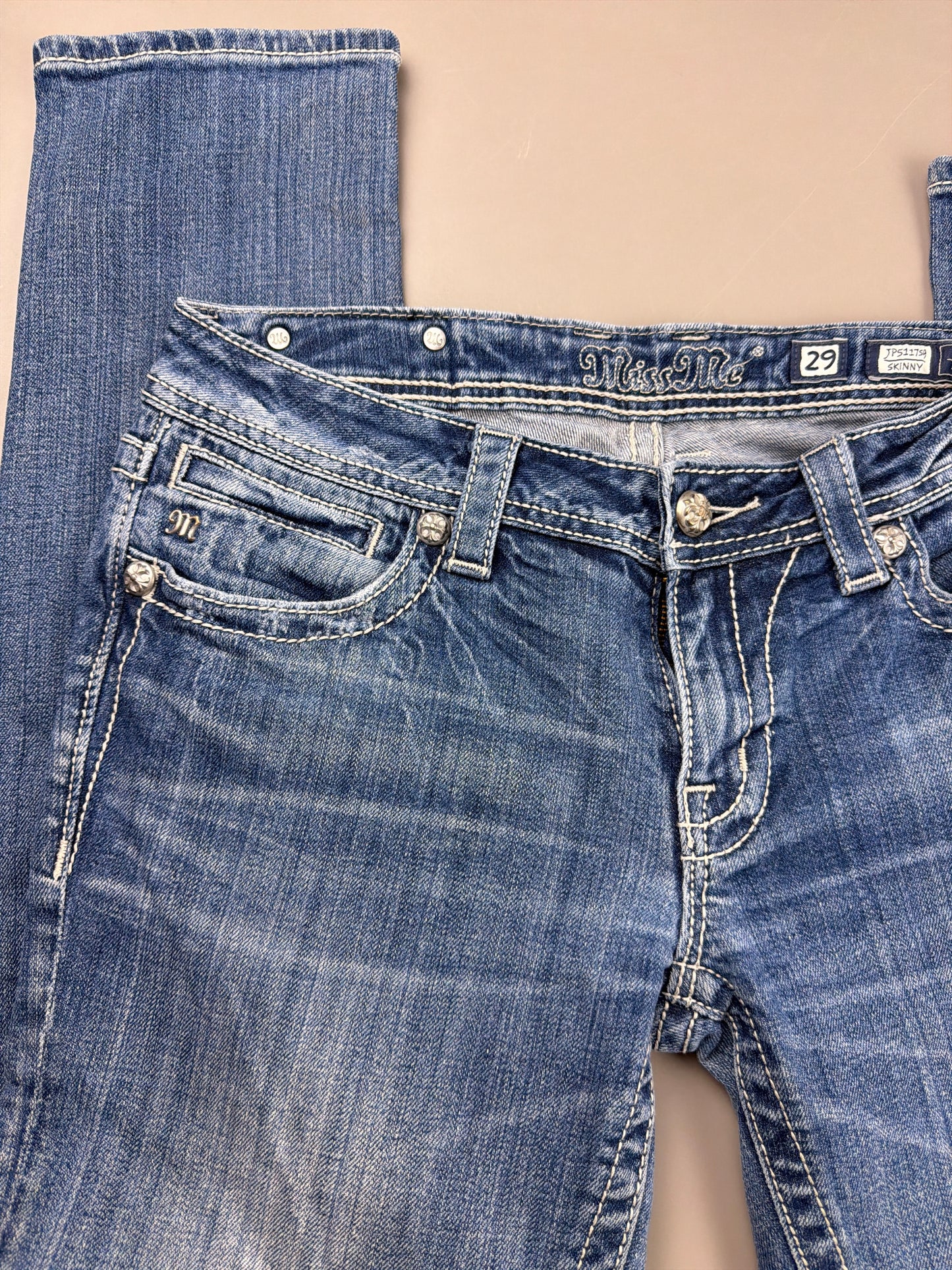 Miss Me Y2K Archive "Cross Wings" Denim Jeans - Rhinestone / Distressed Blue