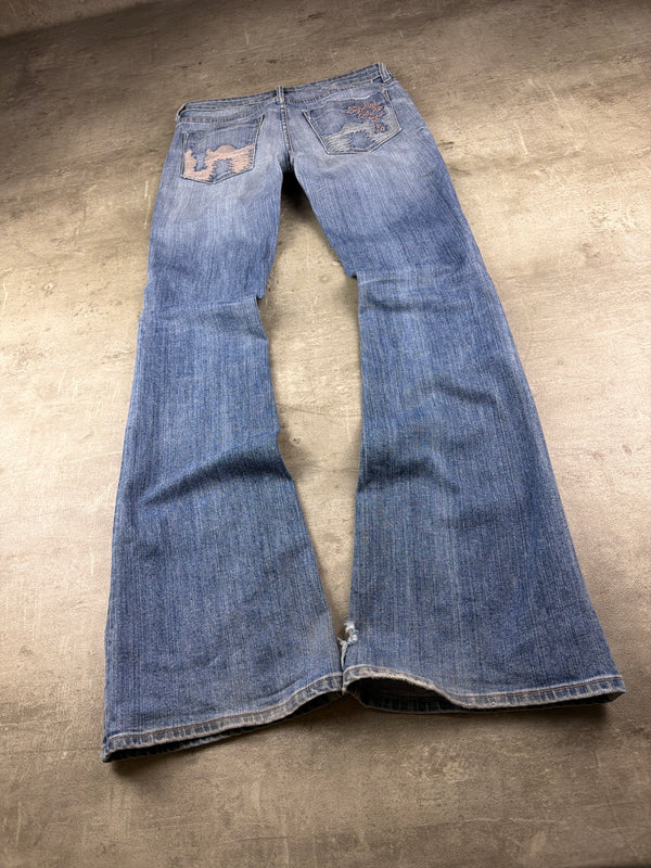 H.A 67 Y2K Low Waist Embroidered Flared Denim - Light Blue Washed