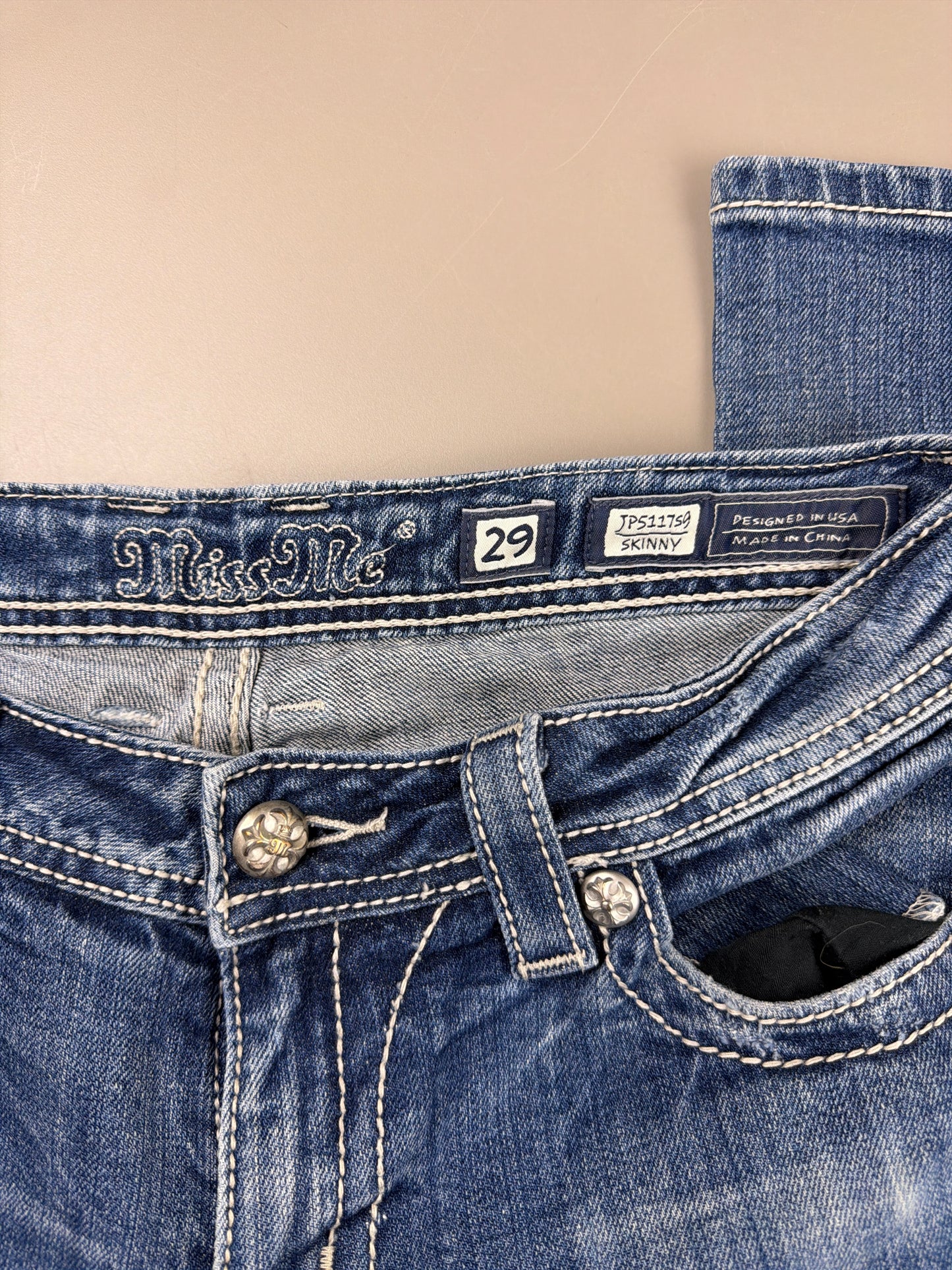 Miss Me Y2K Archive "Cross Wings" Denim Jeans - Rhinestone / Distressed Blue