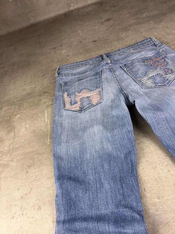 H.A 67 Y2K Low Waist Embroidered Flared Denim - Light Blue Washed