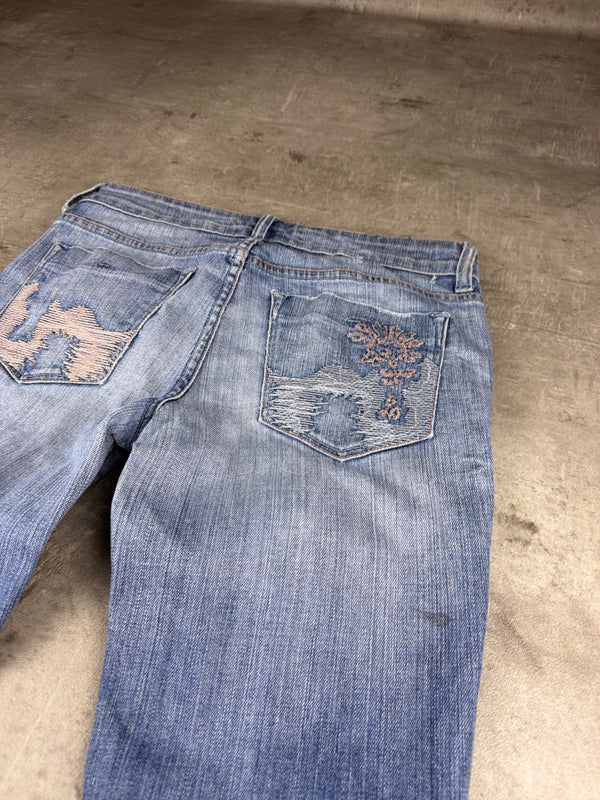 H.A 67 Y2K Low Waist Embroidered Flared Denim - Light Blue Washed