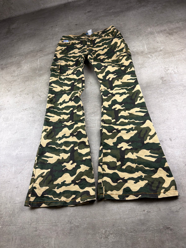 Sexy Jeans Y2K Camo Cargo Flared Pants - Green / Beige Stretch