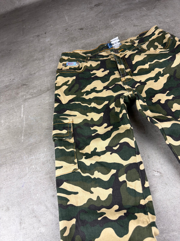 Sexy Jeans Y2K Camo Cargo Flared Pants - Green / Beige Stretch