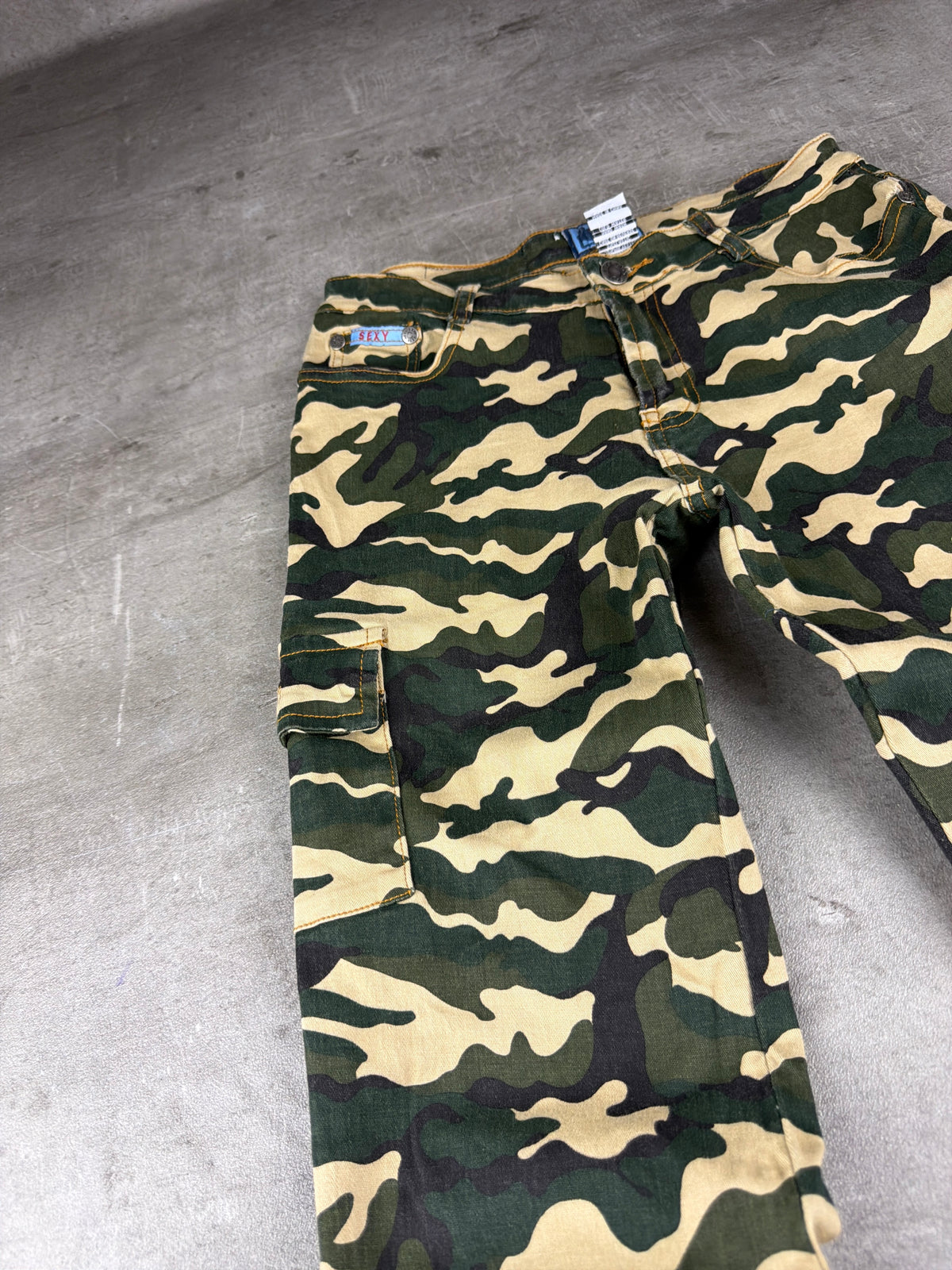 Sexy Jeans Y2K Camo Cargo Flared Pants - Green / Beige Stretch - Past Pieces
