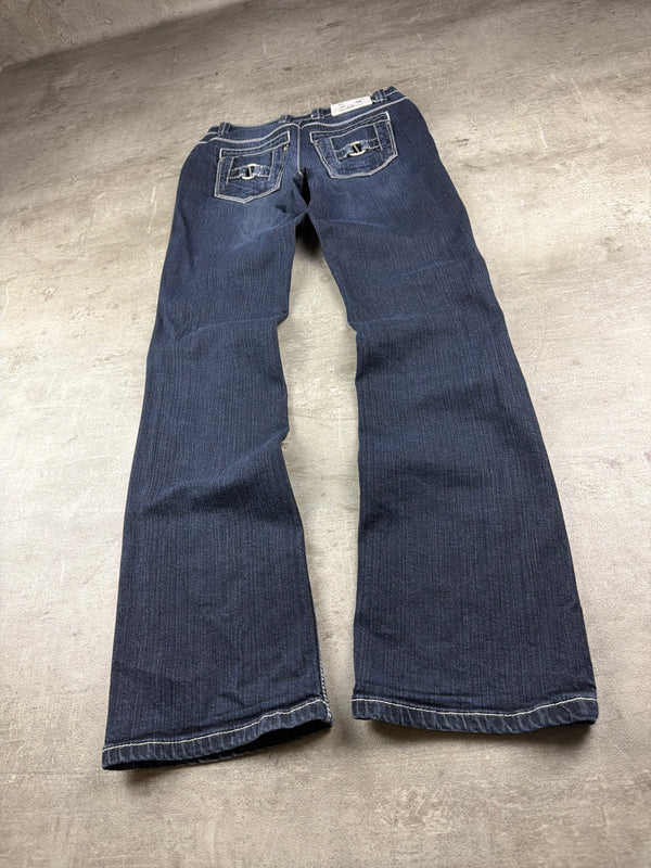Madoc Y2K Rhinestone Buckle Bootcut Denim - Dark Blue Washed
