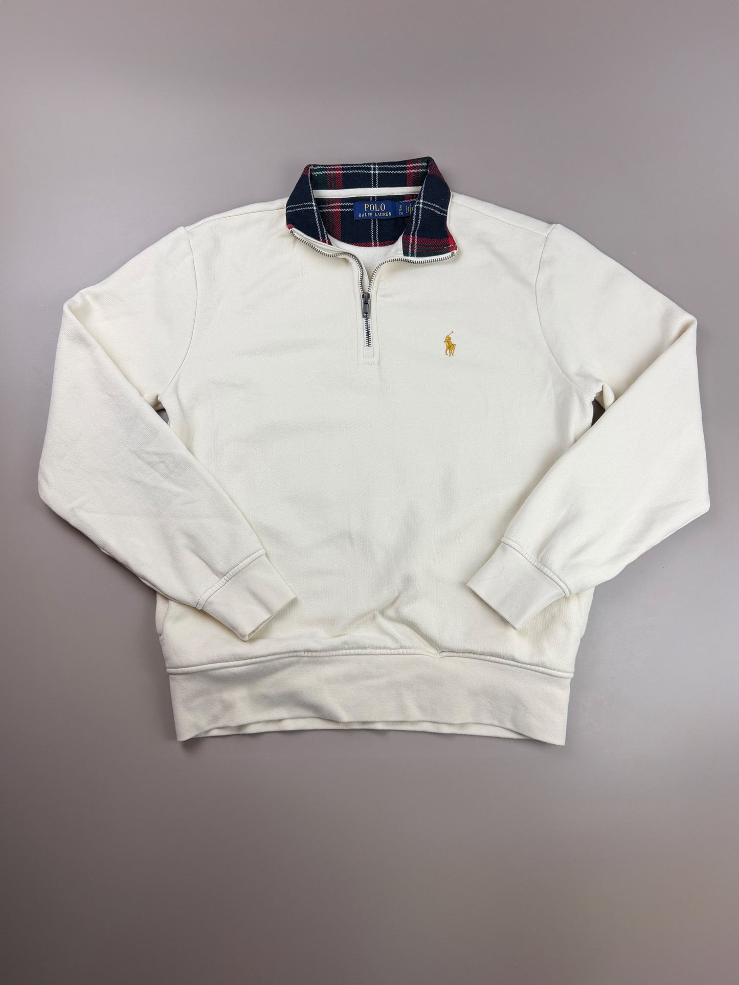 Ralph Lauren Vintage Preppy Half-Zip Sweatshirt - Off-White / Tartan Plaid Collar